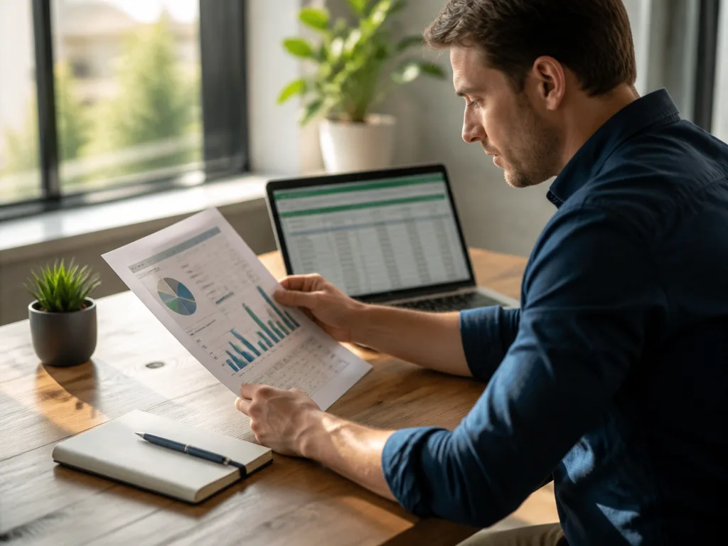 Entreprenör granskar en affärsplan med budgetkalkyl och diagram vid ett ljust träskrivbord