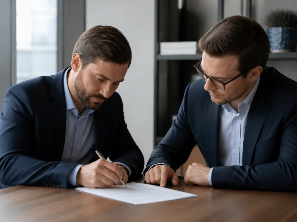 Två delägare skriver under ett avtalsdokument vid ett träbord på kontoret