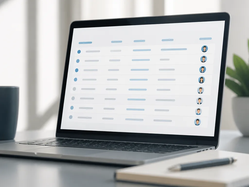 En bärbar dator på ett skrivbord som visar ett digitalt register med rader och ägarikoner, bredvid en anteckningsbok och penna