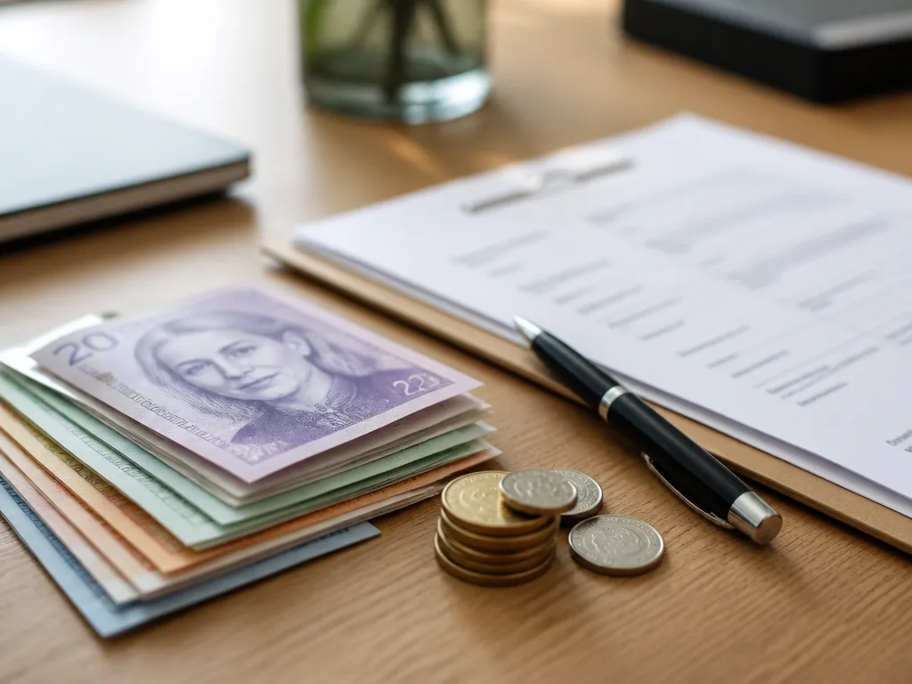 Kronor i sedlar och mynt tillsammans med en penna och ett registreringsdokument på ett skrivbord
