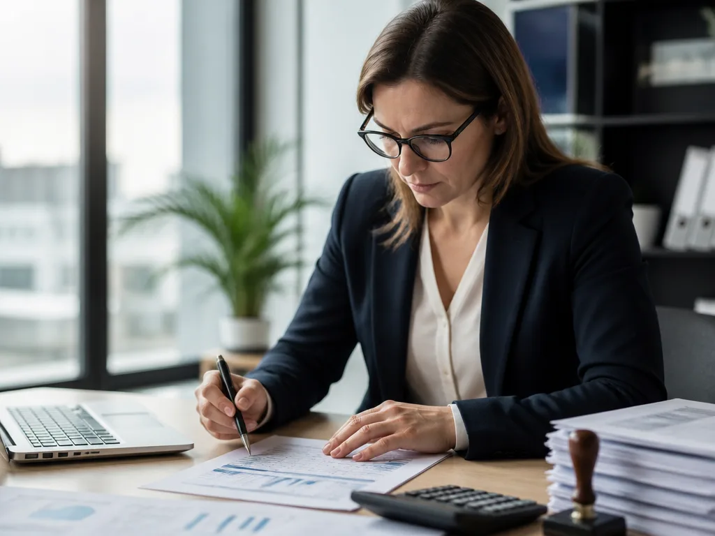 En revisor granskar finansiella dokument och ett auktorisationsstämpel vid ett skrivbord på ett modernt kontor