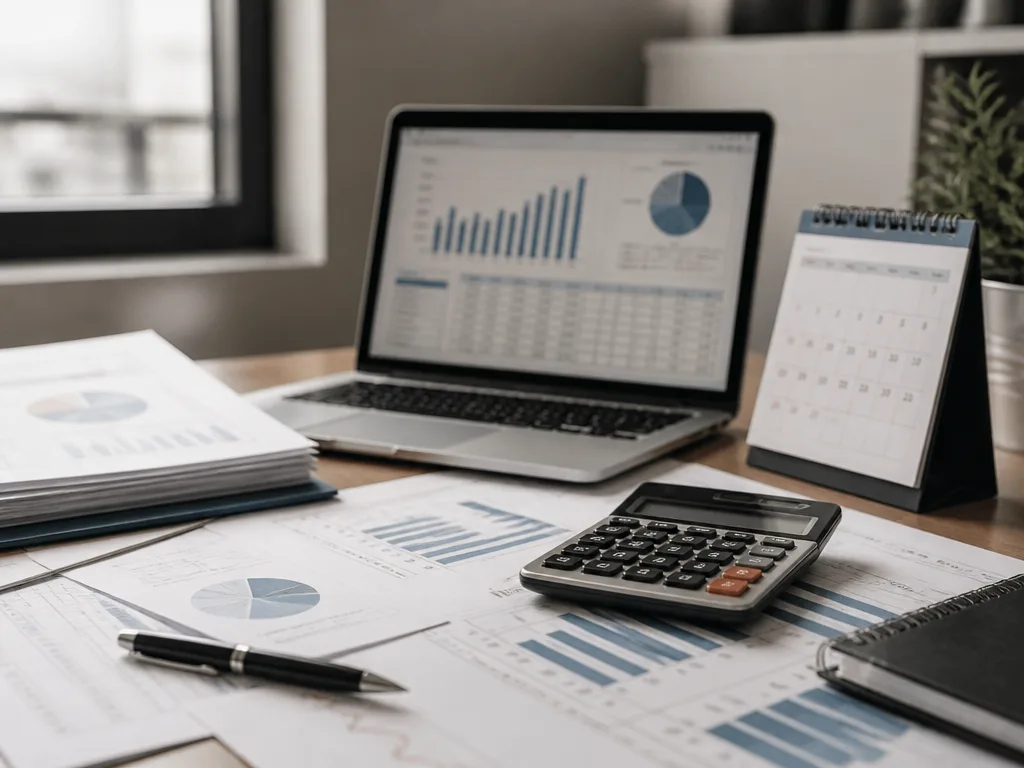 Ett skrivbord med finansiella dokument, en miniräknare, en bärbar dator med kalkylark och en skrivbordskalender vid ett bokslut i aktiebolag