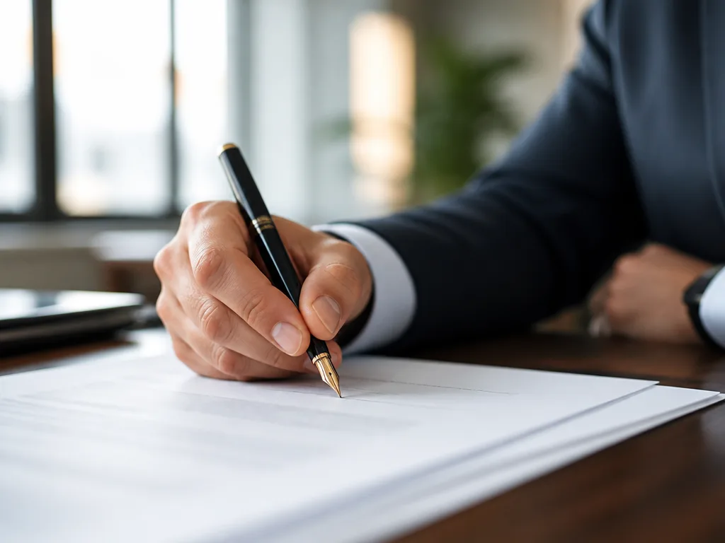 Närbild på en hand som signerar ett officiellt affärsdokument med en reservoarpenna på ett skrivbord
