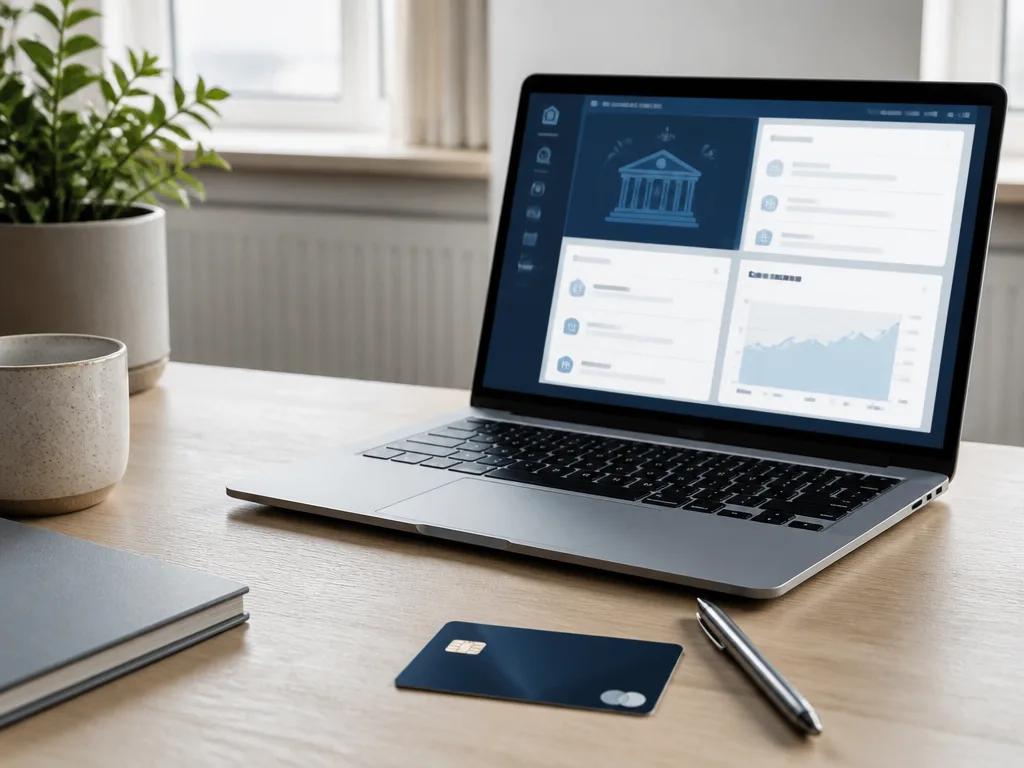 Laptop med bankapp, debitkort och penna på ett minimalistiskt skandinaviskt skrivbord i naturligt fönsterljus