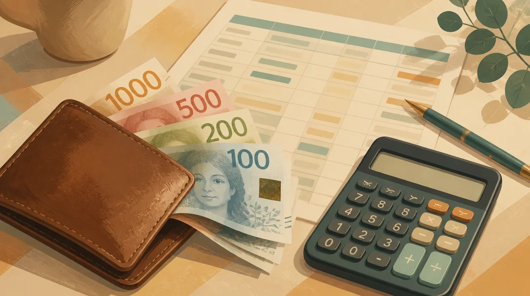 En plånbok med svenska sedlar bredvid en miniräknare och en månadsbudget på ett skrivbord
