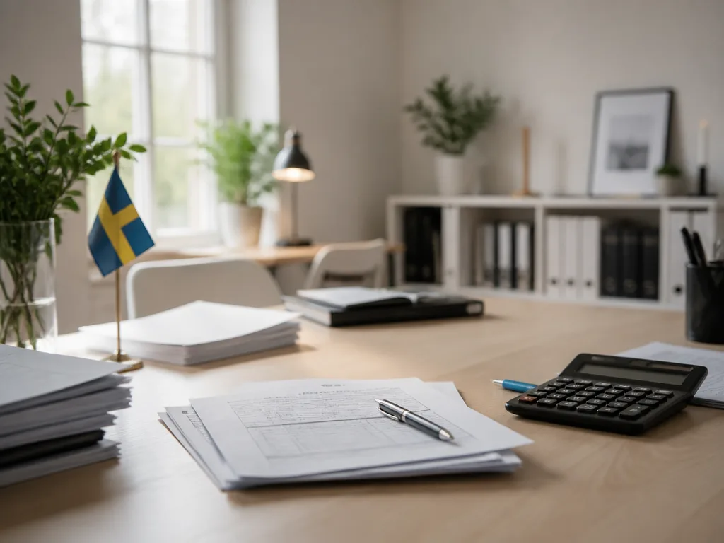 Kontorsskrivbord med skattehandlingar, miniräknare och penna i naturligt dagsljus