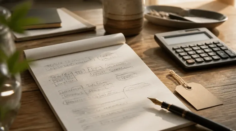 En prislapp och miniräknare bredvid en notebook med skisser