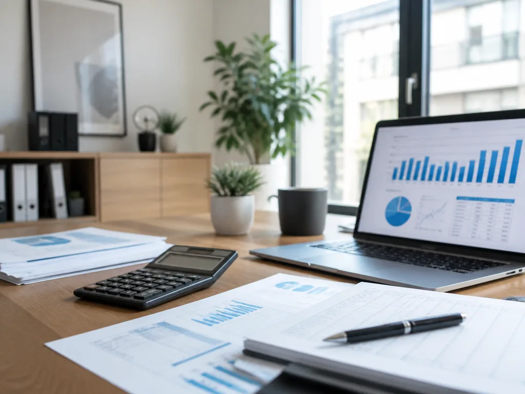 Modernt kontorsskrivbord med finansiella rapporter, miniräknare och en dator som visar diagram, i varmt naturligt ljus