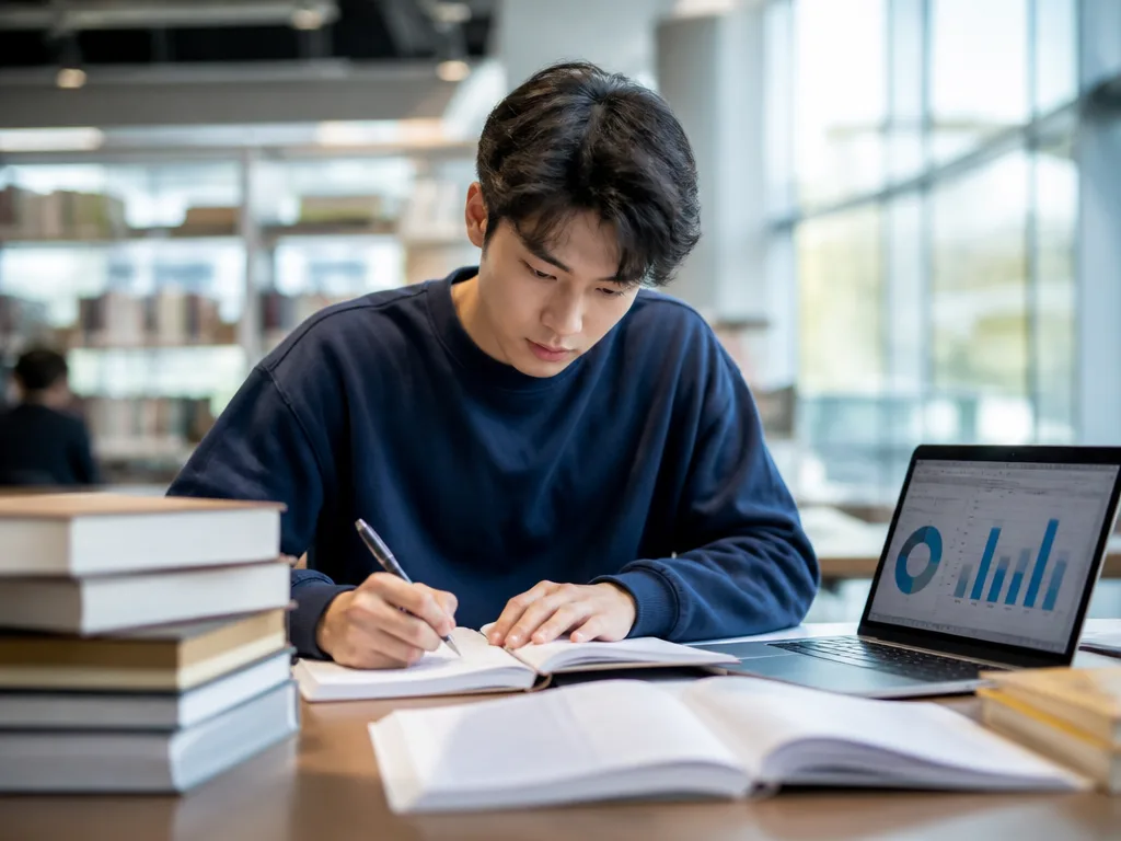 Ekonomistudent som studerar redovisning vid ett skrivbord med läroböcker och en bärbar dator i ett ljust universitetsbibliotek