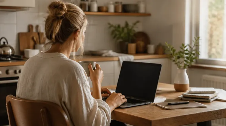 En småföretagare som sitter vid ett köksbord med laptop och kaffekopp