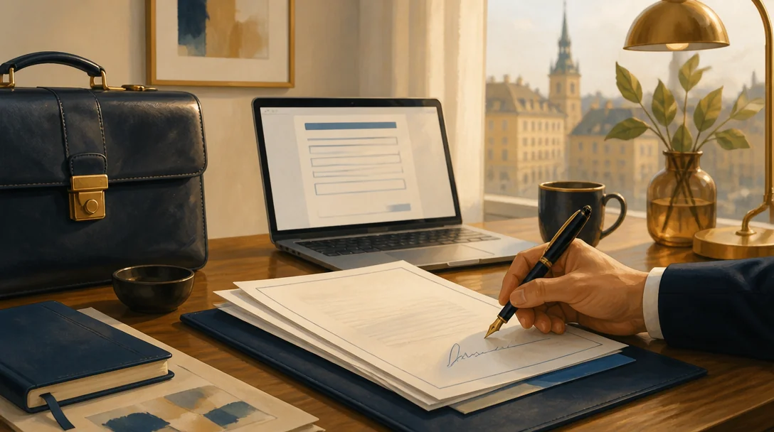 Stiftelseurkund och bolagsordning på ett skrivbord med penna, briefcase och laptop