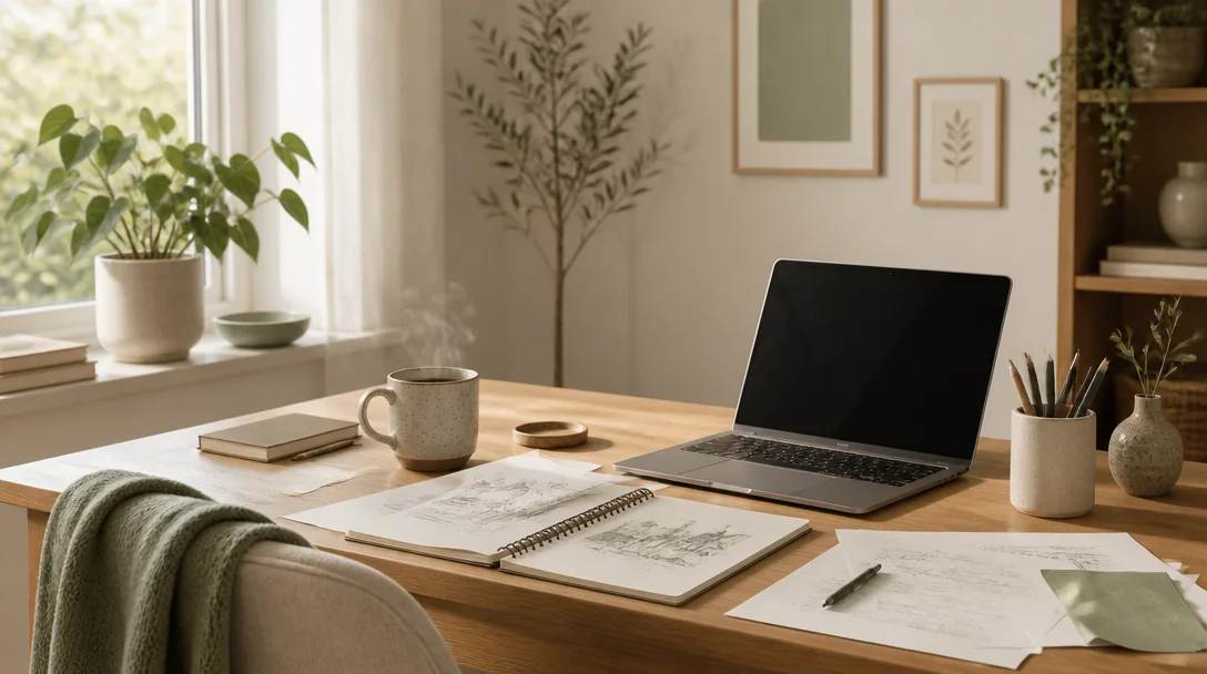 Mysigt hemmakontor med växt i fönstret, kaffekopp och laptop på ett träbord i naturligt dagsljus