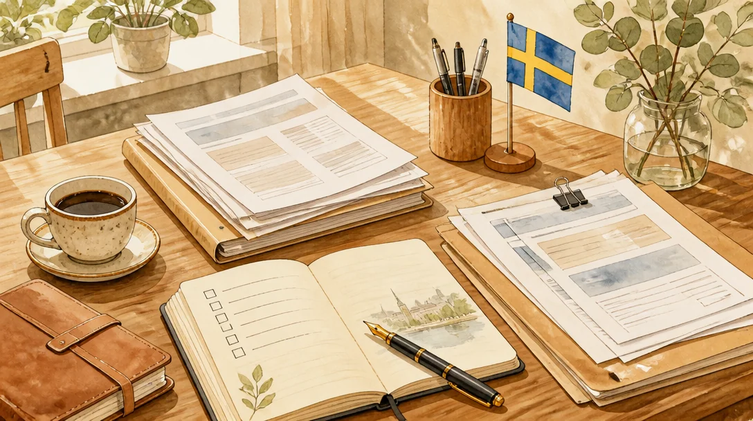 Skrivbord med formulär, anteckningsblock och kaffekopp — symboler för att starta ett företag