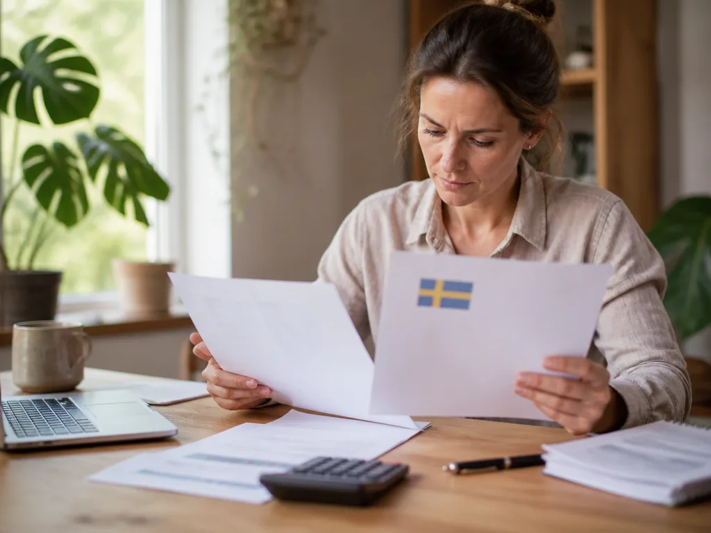 Företagare granskar skattedokument och en kalkylator vid ett ljust träskrivbord